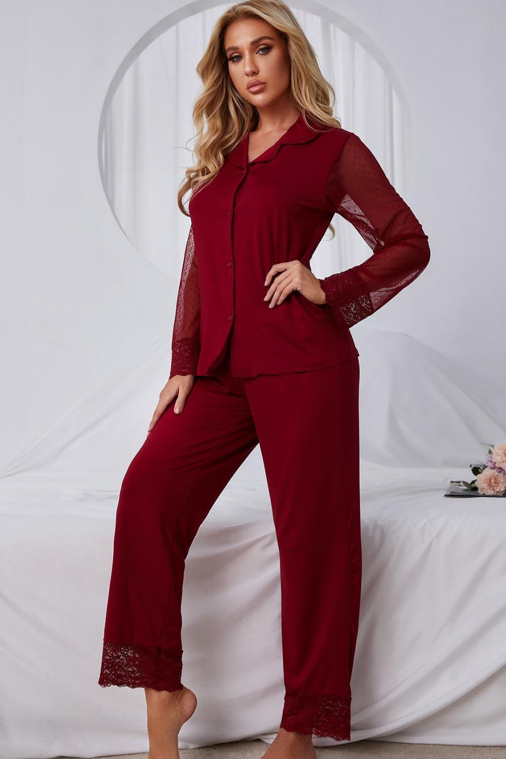 Lace Lapel Collar Pajama Set