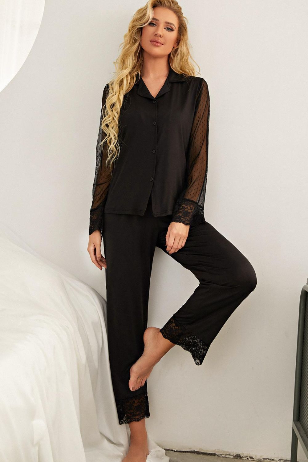 Lace Lapel Collar Pajama Set