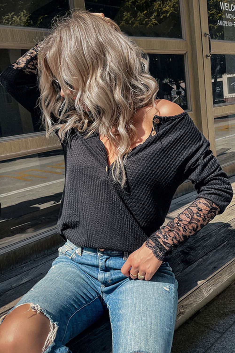 Lace Waffle-Knit Top