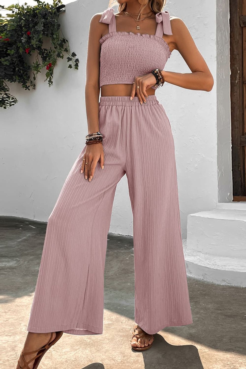 Smocked Crop Top and Wide Leg Pants Set