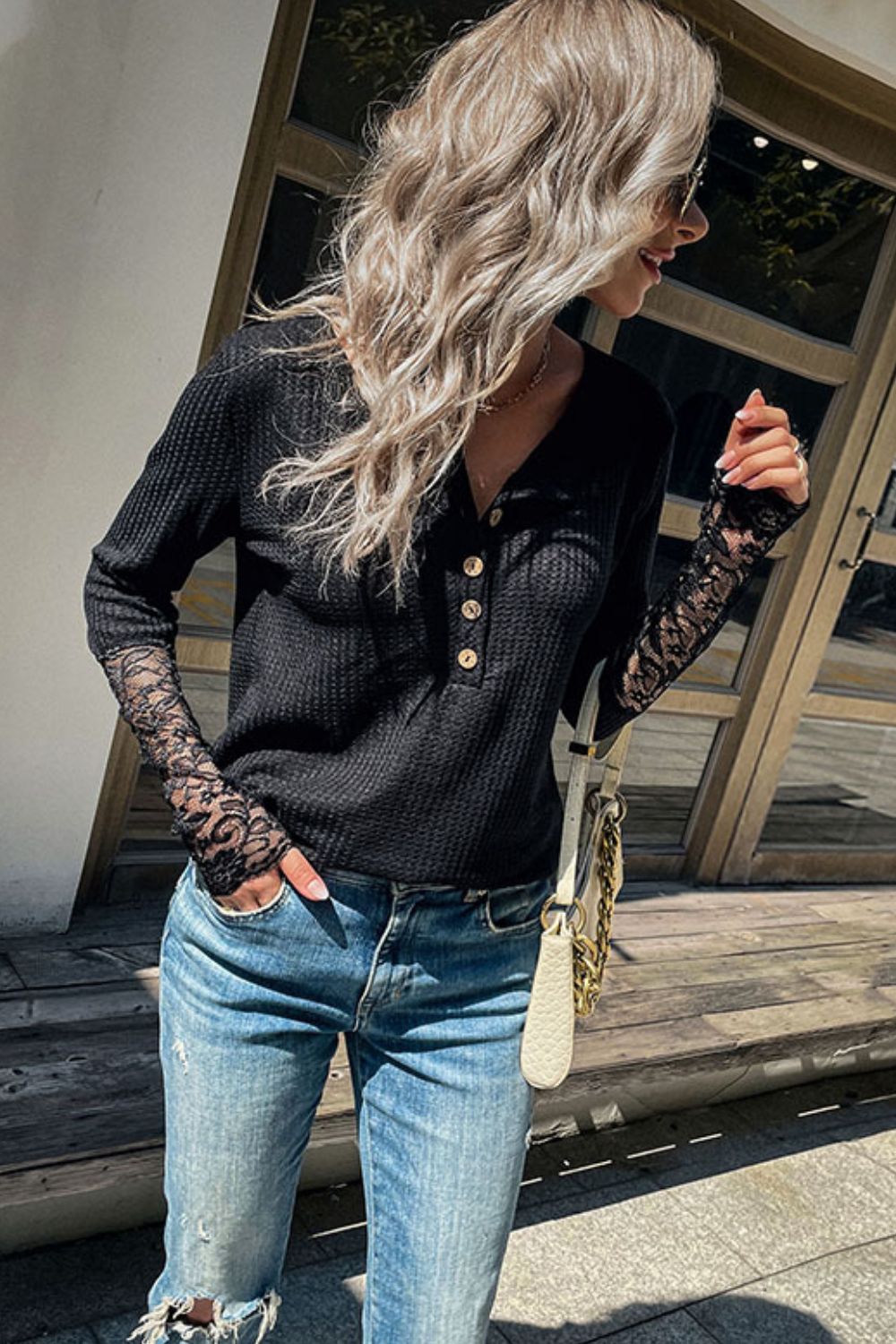 Lace Waffle-Knit Top