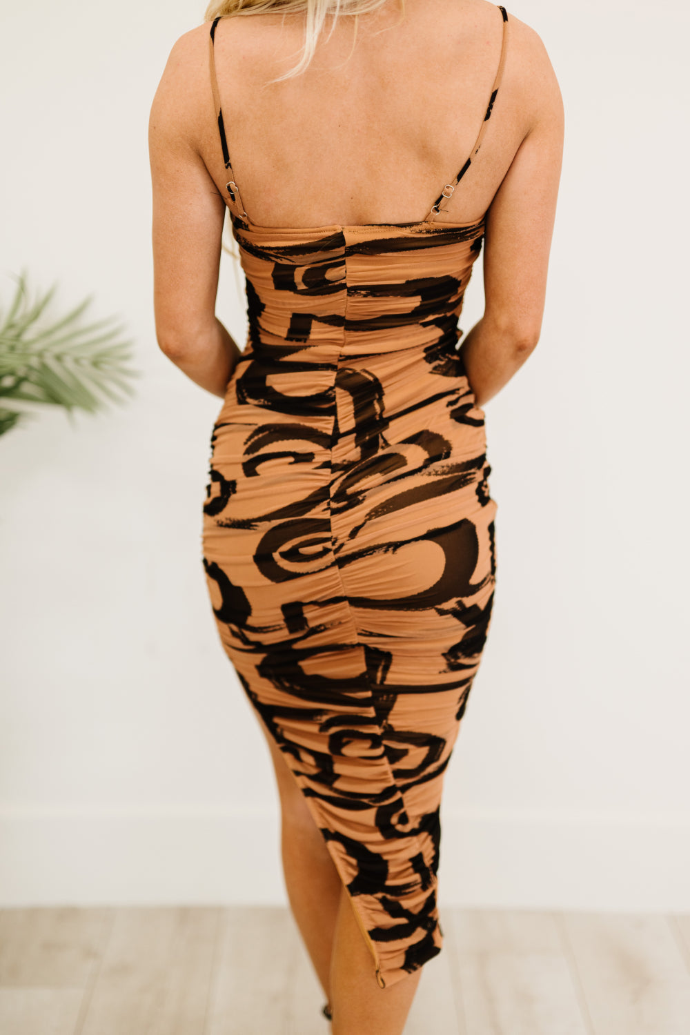 Printed design Ruched Midi Dress with Side Slit