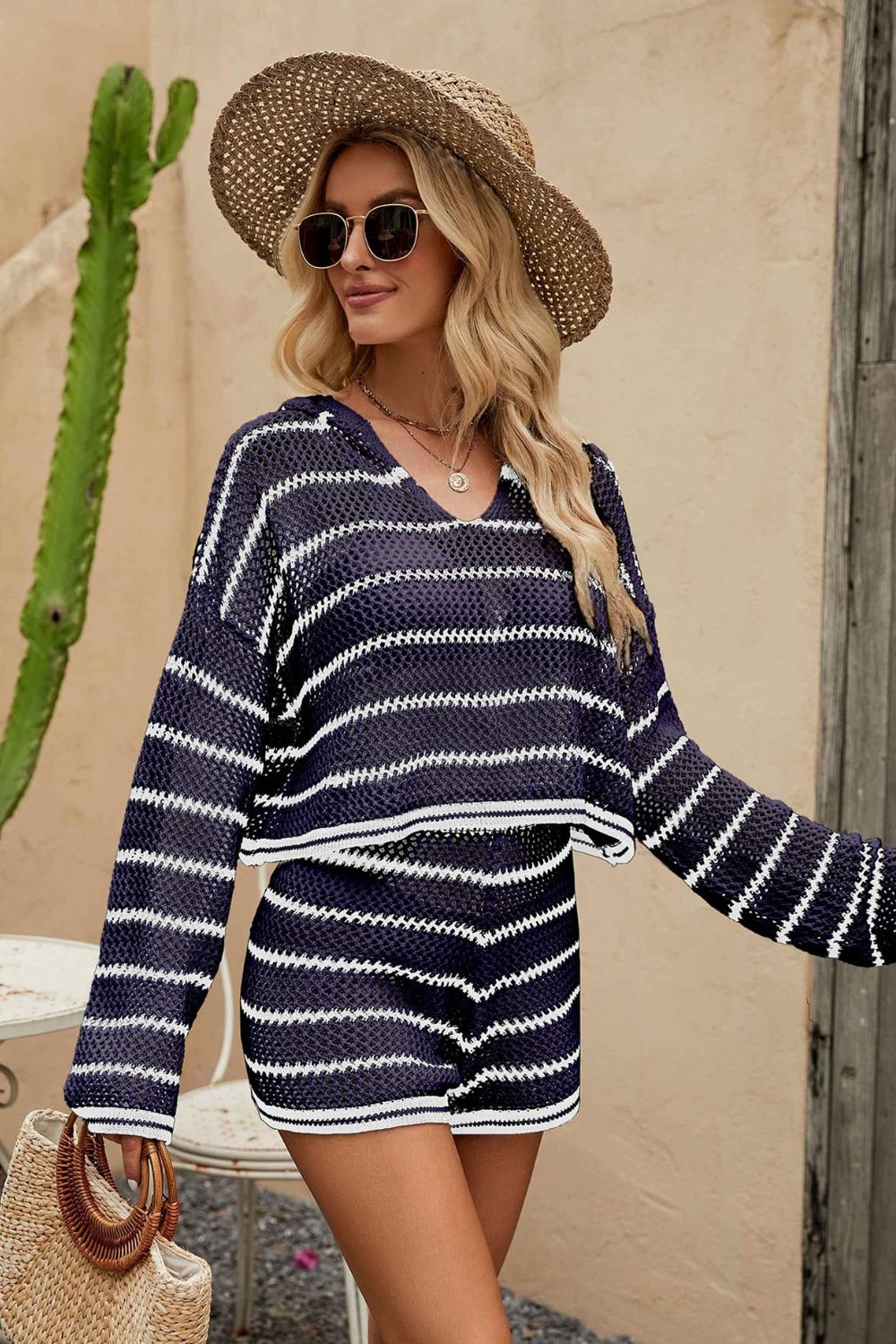 Striped Knit Hoodie and Shorts Set