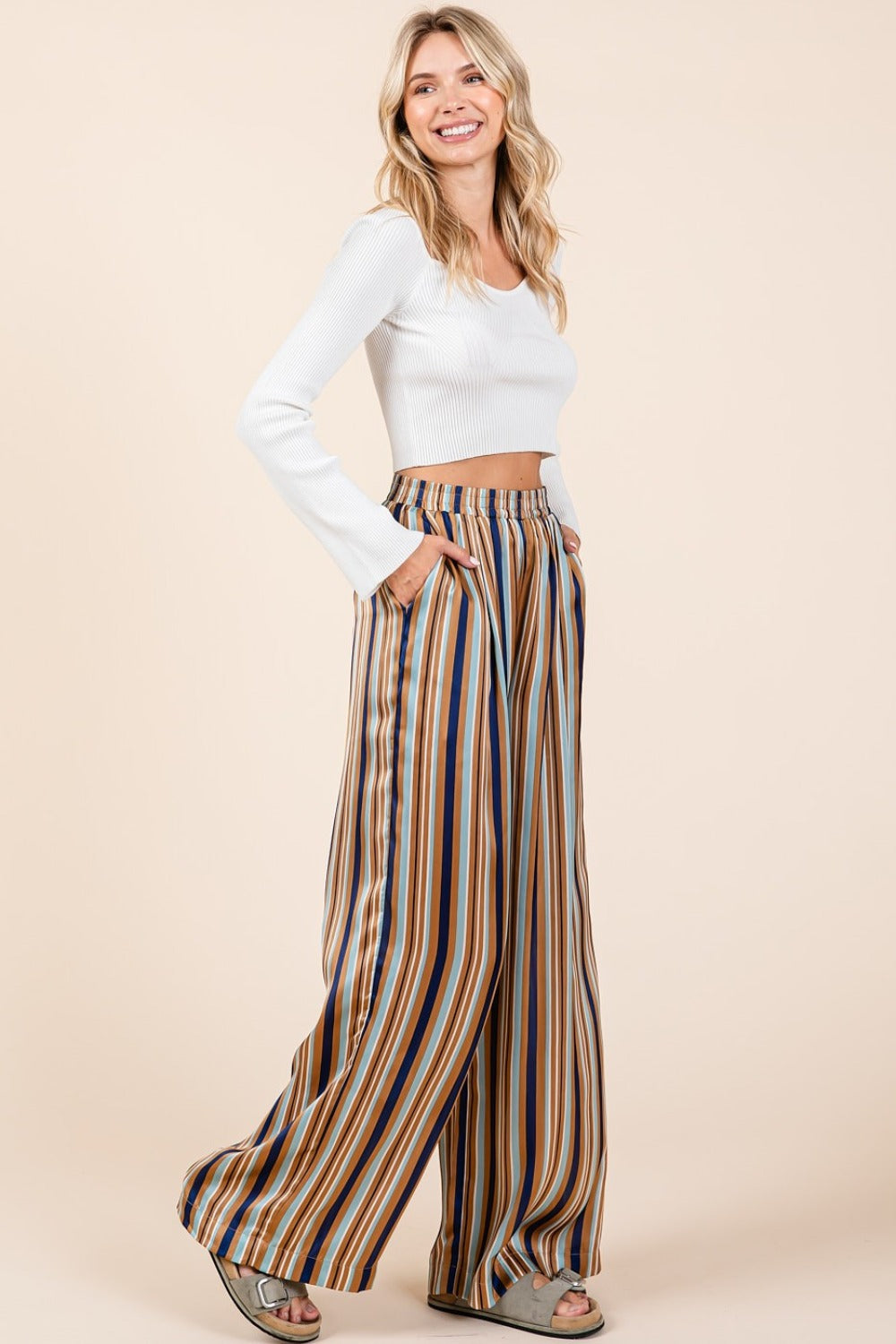 Striped Waist Wide Leg Pants