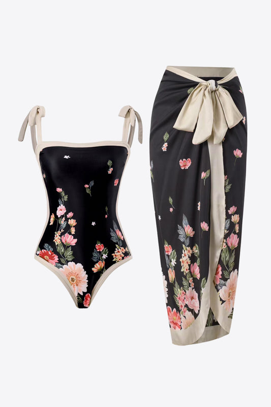 Black Floral Tie-Shoulder Two-Piece Swim Set