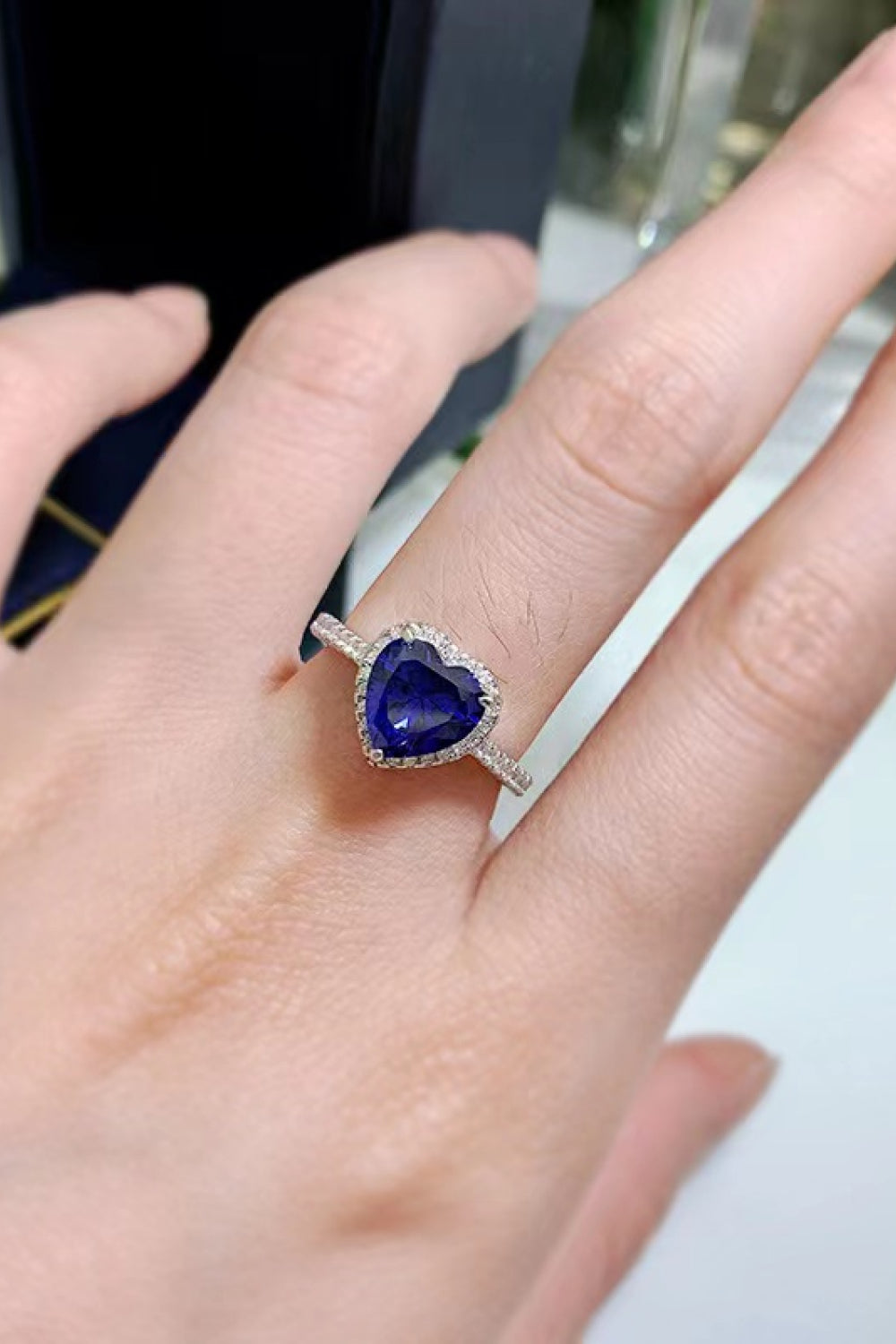 Blue Heart-Shaped Side Stone Ring