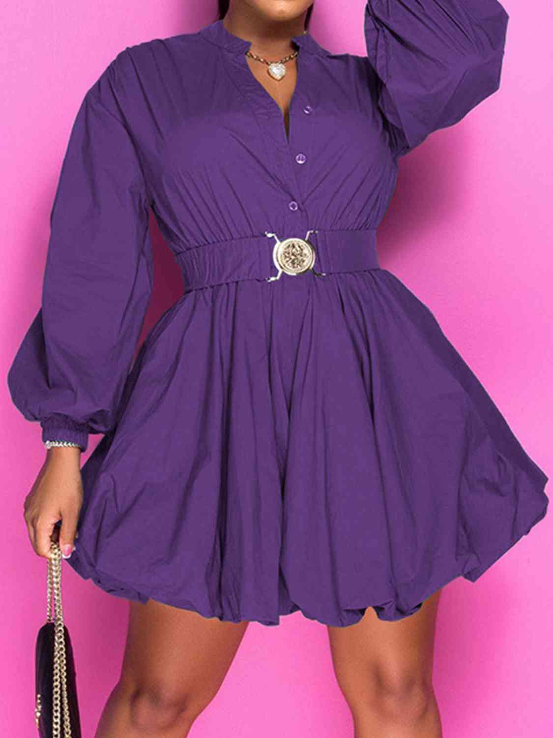 Notched Balloon Sleeves Dress